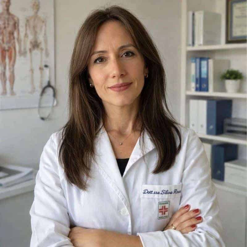 Donna professionale in ambiente clinico con camice bianco e sfondo di librerie e attrezzature medice.