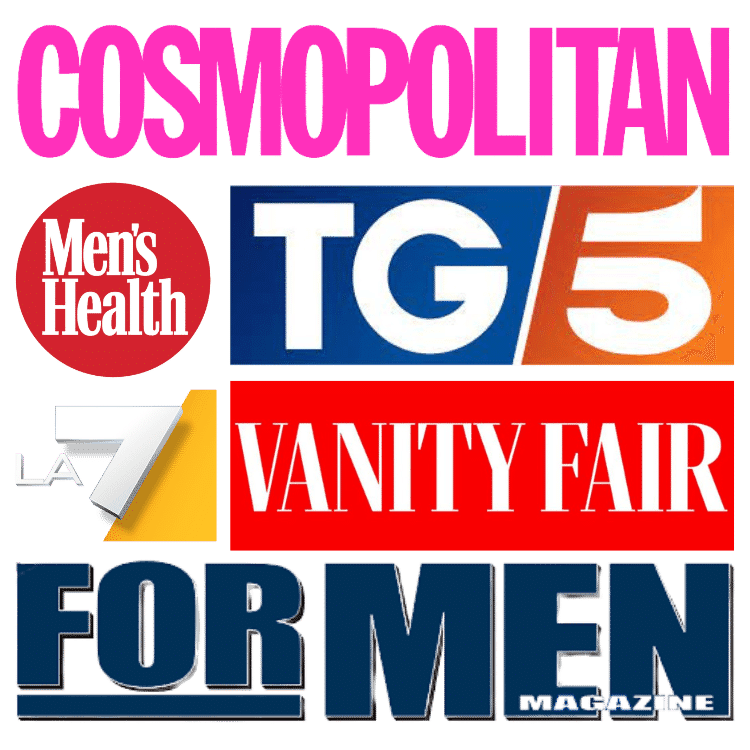 Loghi di riviste e canali TV italiani, inclusi Cosmopolitan, TG5, La7, Vanity Fair, For Men.