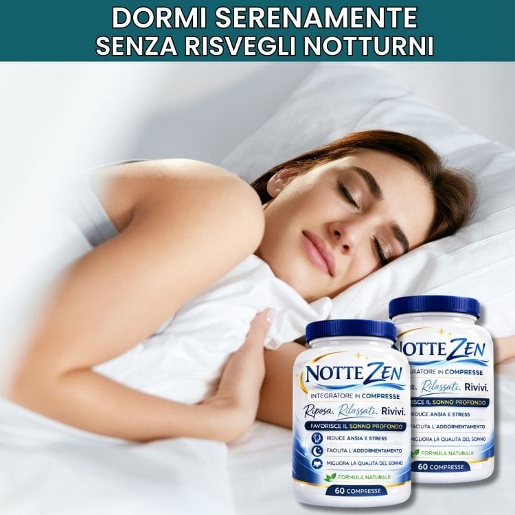 Donna che dorme profondamente con integratori Notte Zen in primo piano.