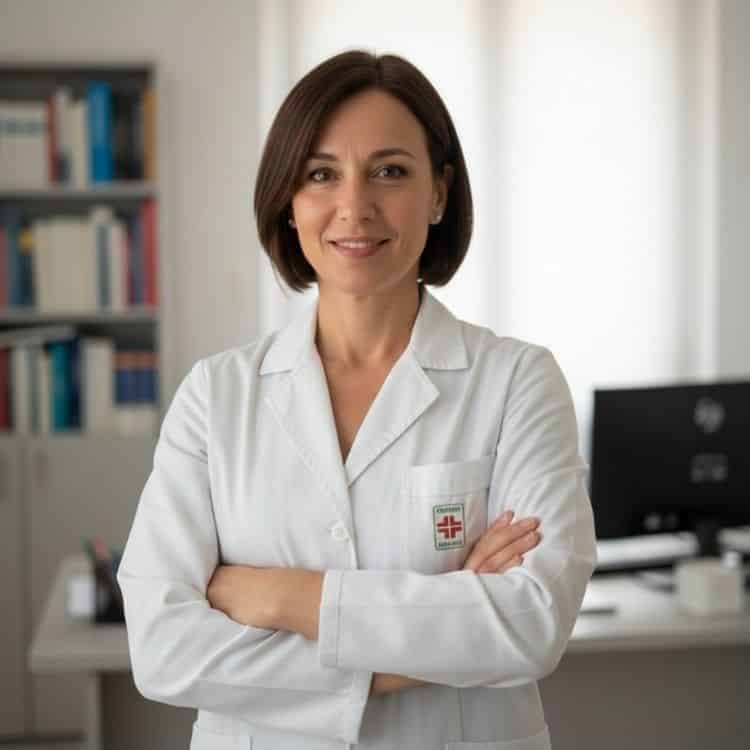 Donna professionale in ambiente clinico, pronta a consigliare trattamenti di bellezza.
