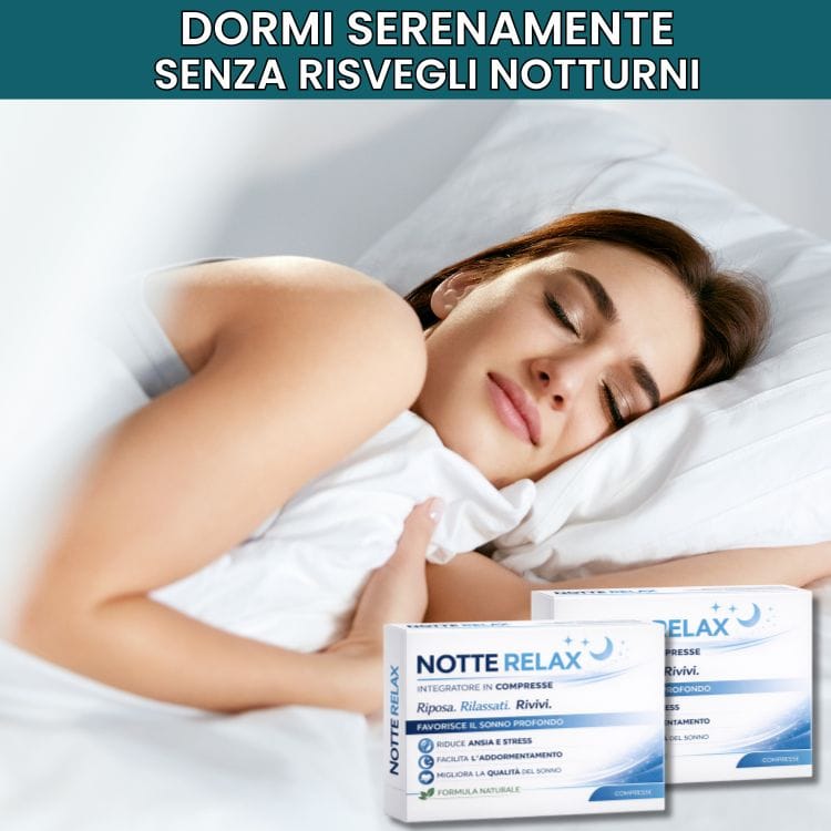 Donna che dorme serenamente con integratore Notte Relax in primo piano.
