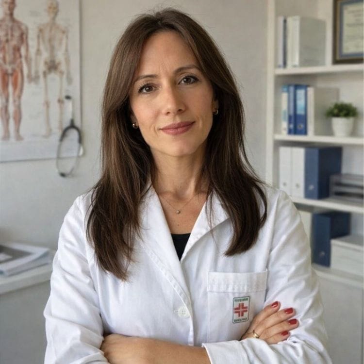 Donna professionista in ambulatorio con abbigliamento bianco.