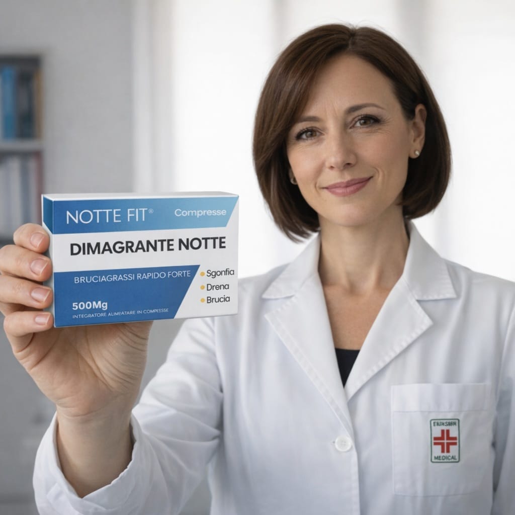 Donna in camice bianco con prodotto drenante notturno naturale.