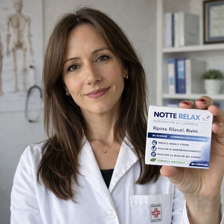 Donna in camice bianco mostra integratore Notte Relax per il sonno.