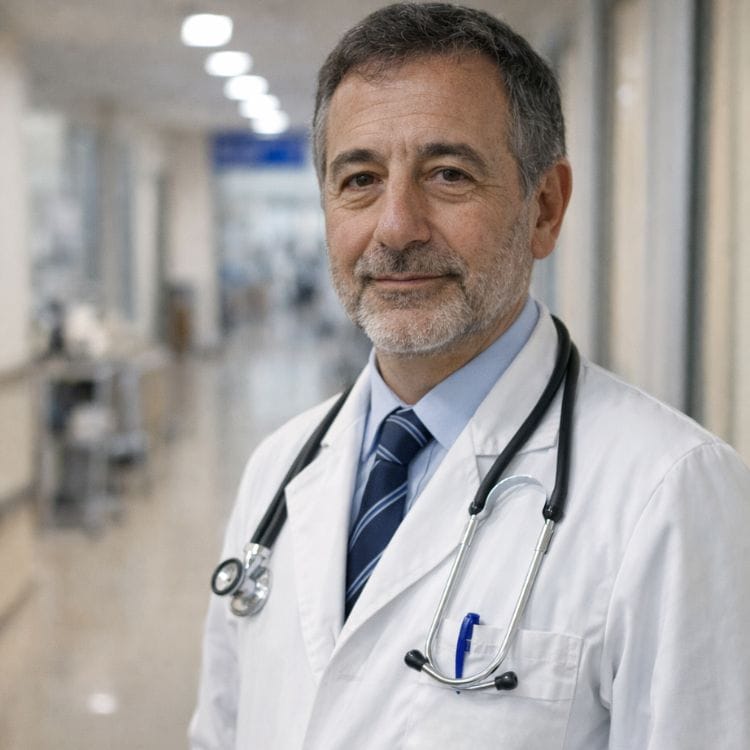 Medico professionale in corsia con stetoscopio e camice bianco.
