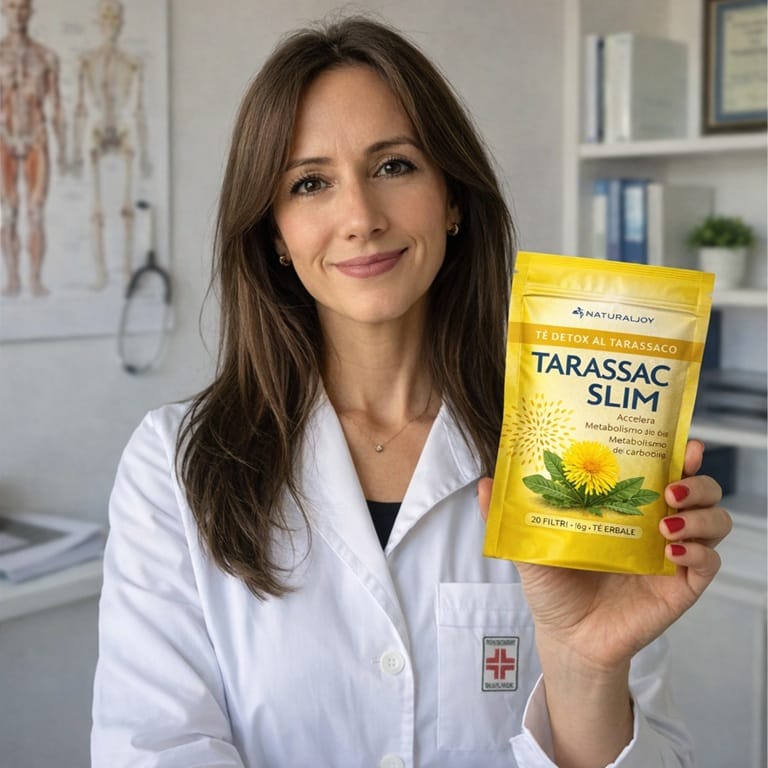 Donna in camice bianco con integratore Tarassaco Slim in farmacia.