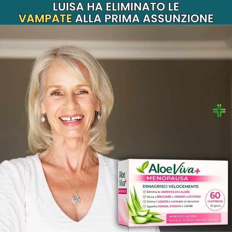 Donna sorridente con prodotto Aloe Viva Più per menopausa e benessere.