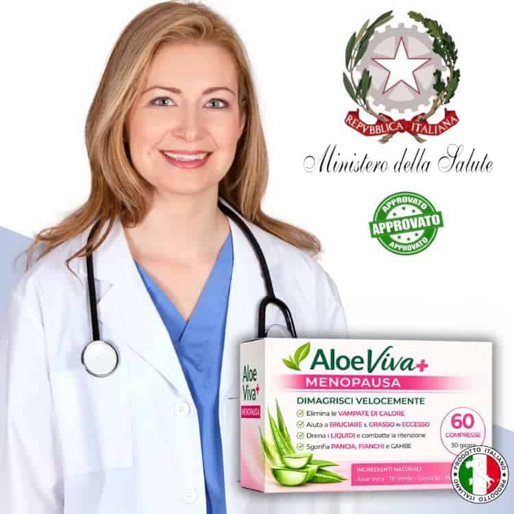 Donna medico con prodotto Aloe Viva Più, salute e benessere naturale.