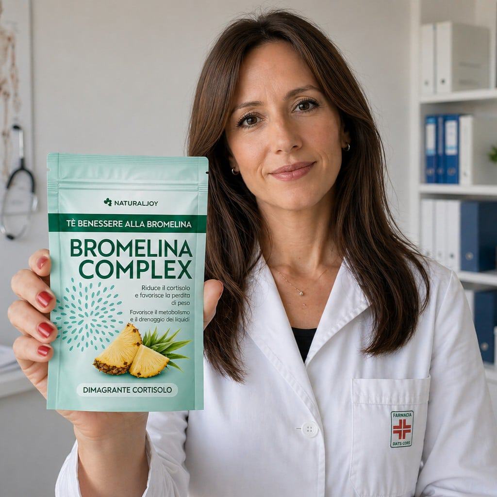 Donna in camice medico mostra integratore Bromelina Complex.