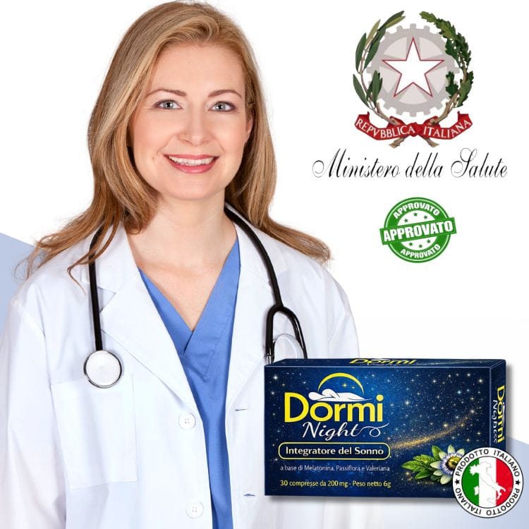 Integratore Dormi Night con melatonina e valeriana per un sonno naturale.