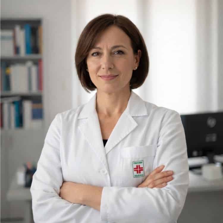 Medico donna in camice bianco in studio medico.