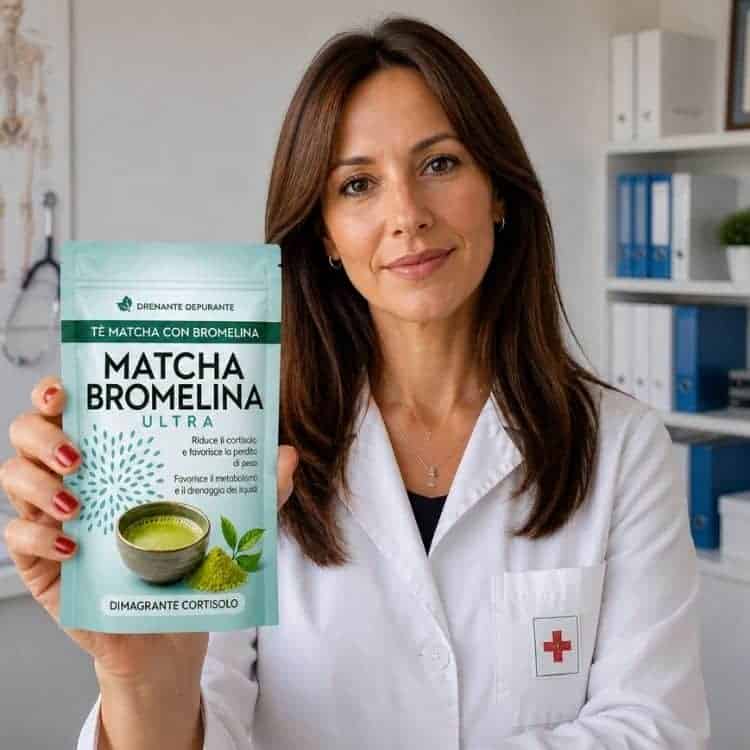 Donna in camice bianco con tè Matcha Bromelina Ultra in mano.