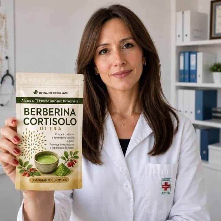Donna in camice bianco tiene un prodotto di Berberina e Cortisolo.