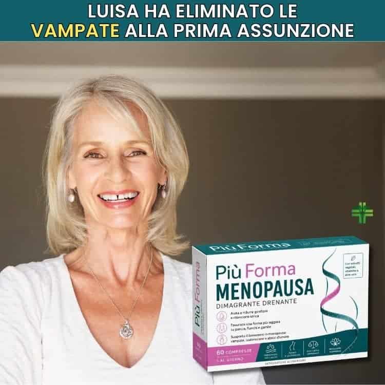 Donna sorridente con prodotto Più Forma Menopausa per menopausa.