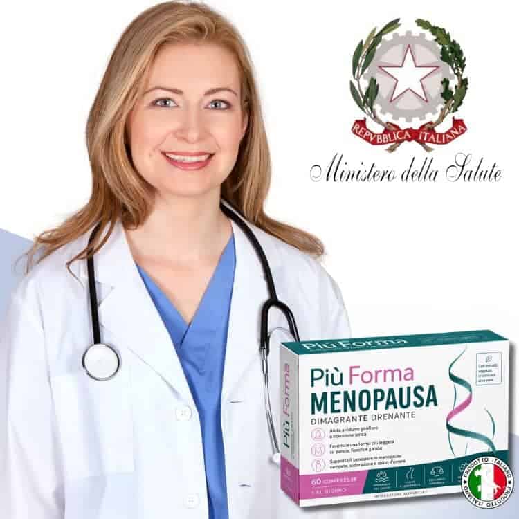 Dottoressa con prodotto Più Forma Menopausa, integratore per menopausa.