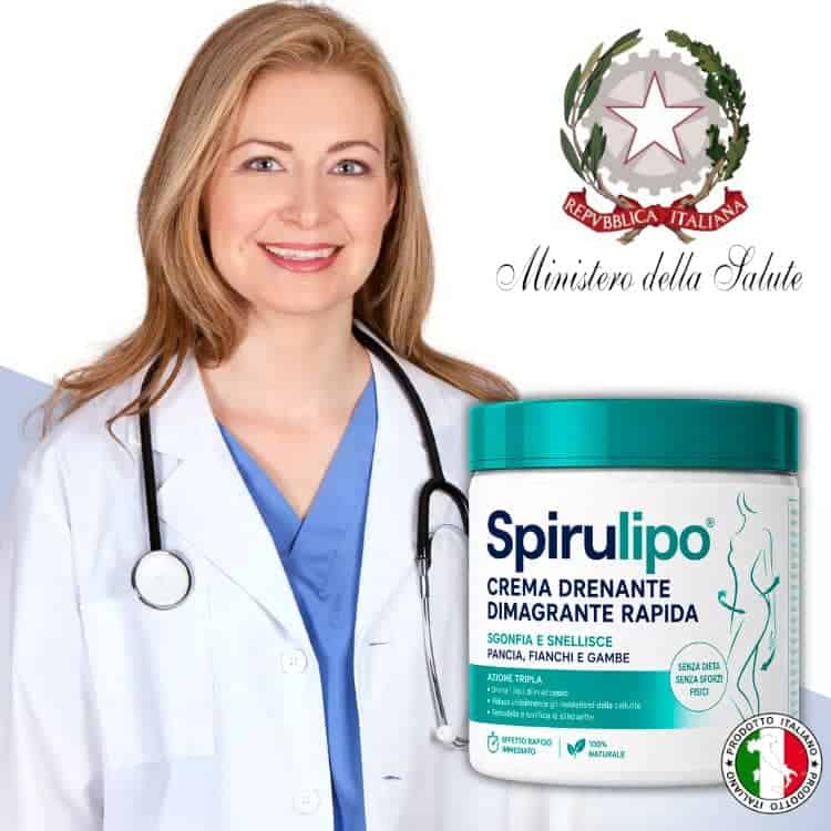 Donna medico con crema drenante dimagrante Spirulipo e logo Italia.
