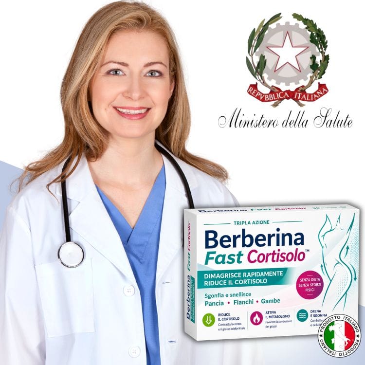 Donna medico con confezione di Berberina Fast Cortisolo, integratore per il benessere.